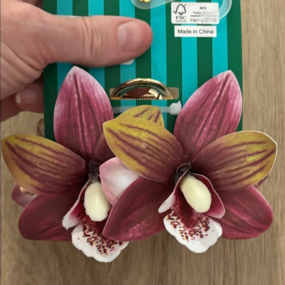 NWT Orchid Hair Clip with Burgundy and Yellow Petals